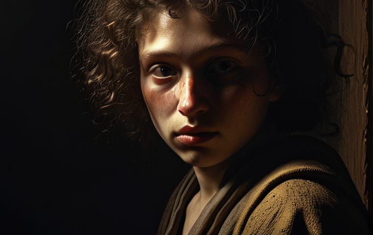 **

A digital painting in the style of Rembrandt, showcasing a portrait bathed in dramatic chiaroscuro lighting. The face is partially obscured by shadow, hinting at a sense of mystery or melancholy. Emphasize the contrast between light and dark, and the rich textures of the skin.

**