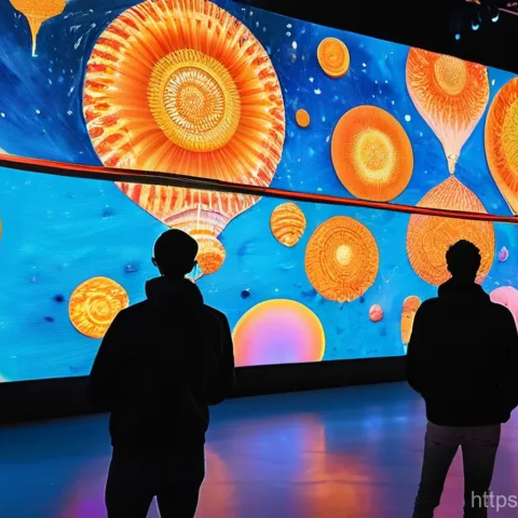 디지털아트 해외 아트페어 참가법 - **Prompt:** A vibrant, futuristic international art fair bustling with diverse attendees, including ...