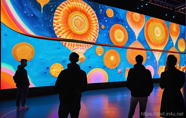 디지털아트 해외 아트페어 참가법 - **Prompt:** A vibrant, futuristic international art fair bustling with diverse attendees, including ...