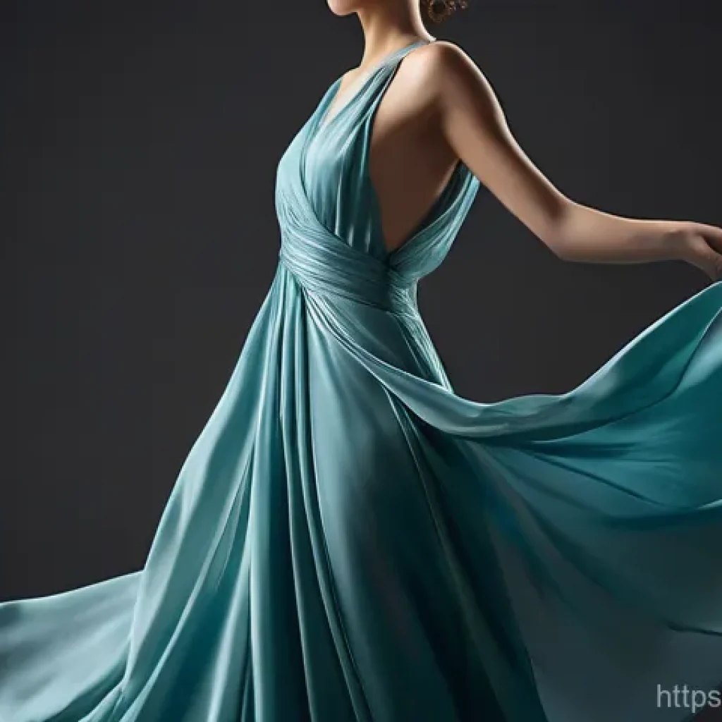 디지털아트 캐릭터 옷주름 표현법 - A graceful young woman, fully clothed in an elegant, flowing silk evening dress. She stands serenely...