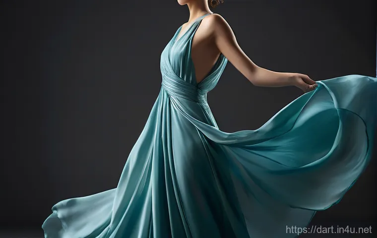 디지털아트 캐릭터 옷주름 표현법 - A graceful young woman, fully clothed in an elegant, flowing silk evening dress. She stands serenely...