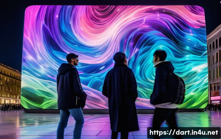 디지털아트 글로벌 마켓 트렌드 분석 - **Vibrant Digital Art Installation in a Modern City Square**
    A breathtaking, colossal digital ar...