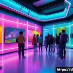 Home 22 디지털아트 NFT 컬렉션 기획 - A futuristic digital art gallery scene showcasing an exclusive NFT collection launch event, featurin...