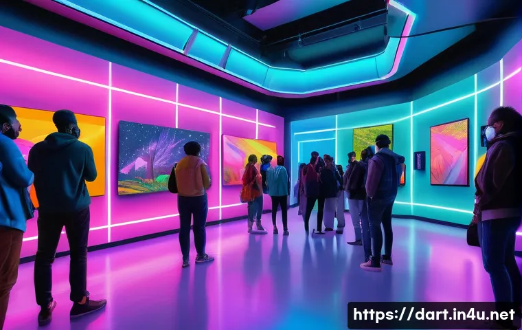 디지털아트 NFT 컬렉션 기획 - A futuristic digital art gallery scene showcasing an exclusive NFT collection launch event, featurin...