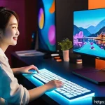 Home 19 디지털아트 유튜브 채널 운영 - A vibrant digital art creator streaming live on a modern setup, multiple monitors displaying colorfu...