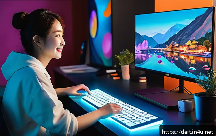 디지털아트 유튜브 채널 운영 - A vibrant digital art creator streaming live on a modern setup, multiple monitors displaying colorfu...