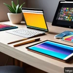 Home 18 디지털아트 도서 추천 - A digital art beginner's workspace featuring a modern graphic tablet with a stylus pen resting on it...