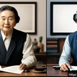 Home 23 업스케일링 AI 활용법 - A detailed digital art scene showing an AI upscaling process on an old family photo, where a vintage...