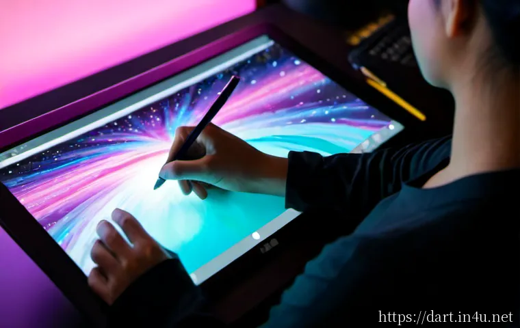 디지털아트 글로우 효과 적용법 - Photorealistic over-the-shoulder view of a digital artist using a pen tablet at a clean modern desk,...