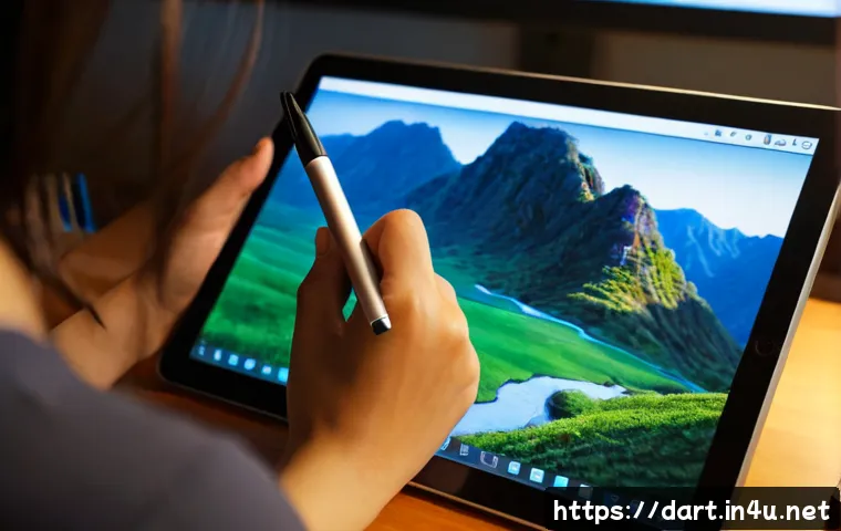 디지털아트 채색 기법 - Photorealistic close-up of an artist’s hands using a stylus on a pen display tablet, creating a rich...