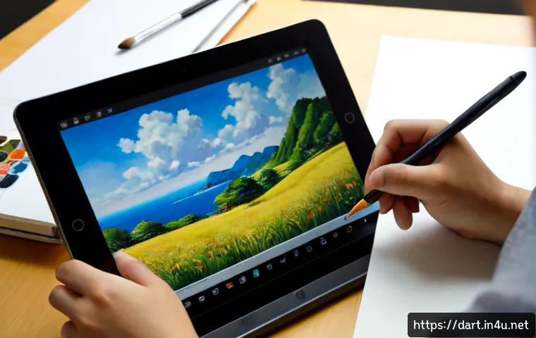 Home 15 갤럭시탭 S 시리즈 아트 성능 - Photorealistic premium Android tablet with a blank, text-free screen displaying a richly detailed di...